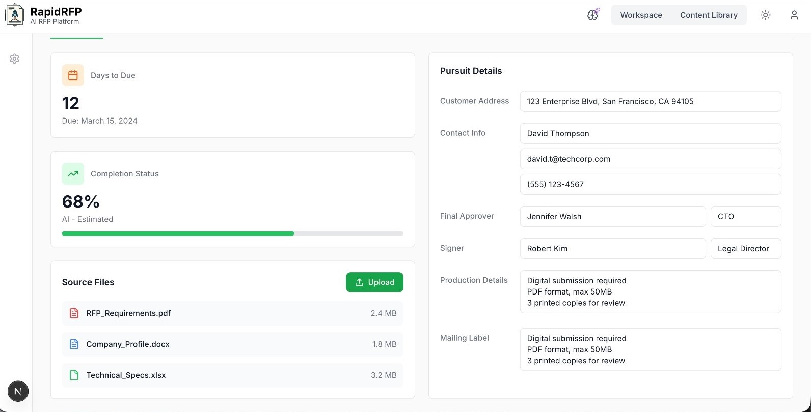 RapidRFP.ai Platform Dashboard showing proposal management interface